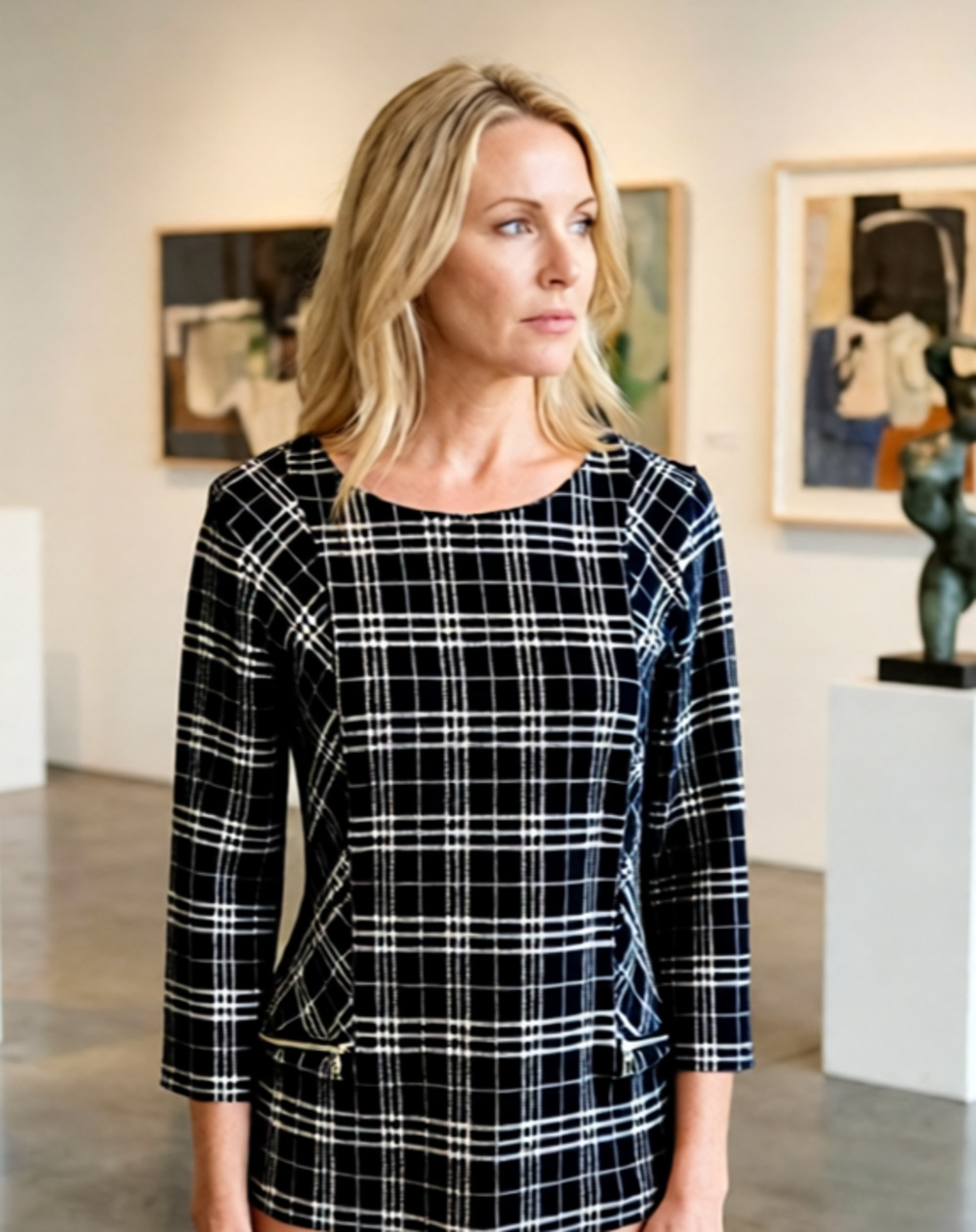 Talbots Zipper Detail Black and White Plaid Long Sleeve Top Jacquard S